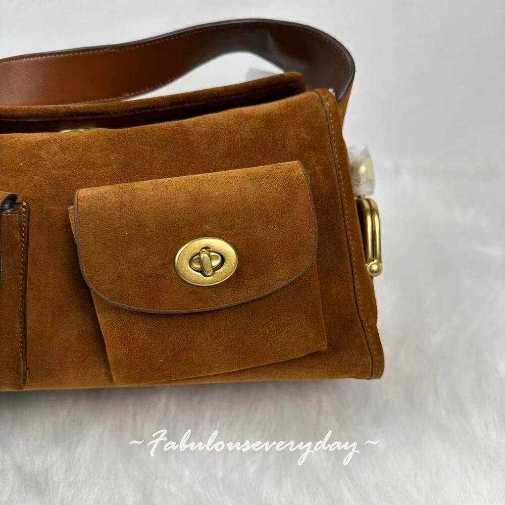 Coach Turnlock Haversack Bag Shoulder/Crossbody Suede Brass/Warm Brown CDZ13 NWT - Picture 10 of 13